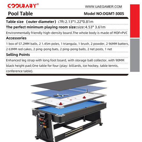 CoolBaby Mass 4 in 1 7ft Pool Billiard Table + Household Table Tennis Table + meeting or dining table Multi Function Game Table