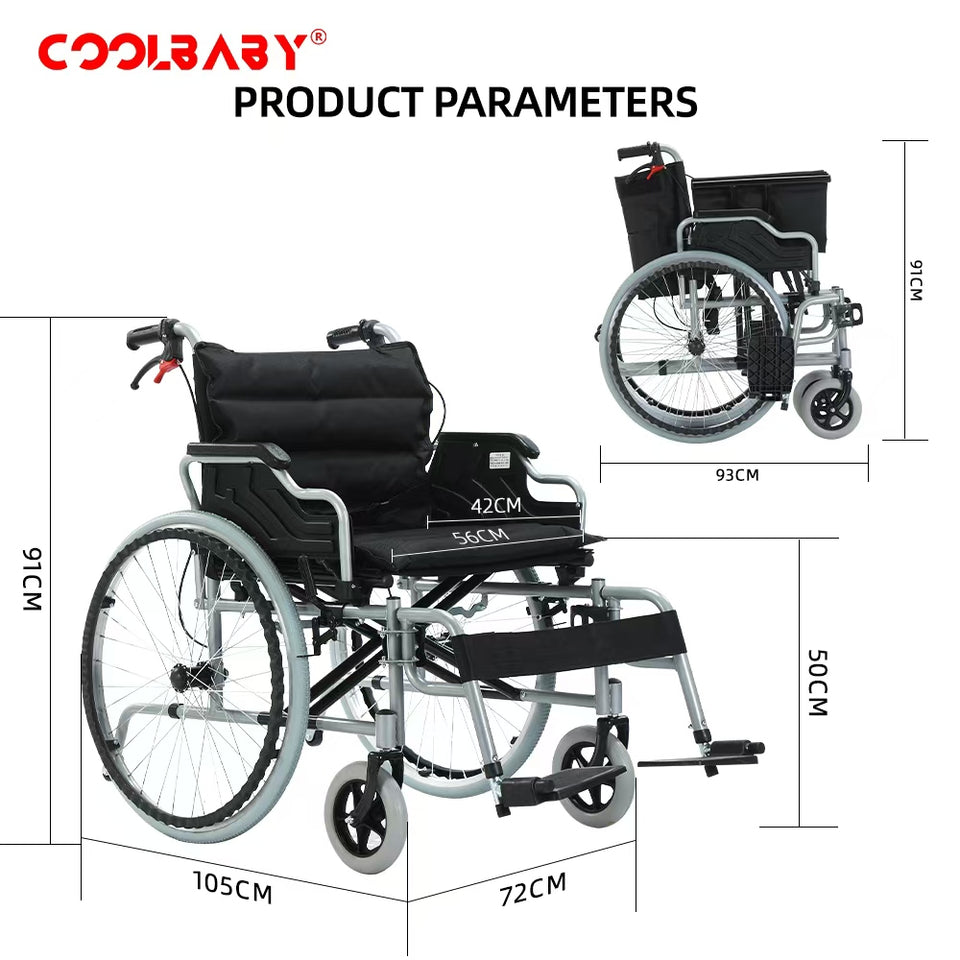 Coolbaby Mass Foldable Lightweight Wheelchair for Adults – 56cm Wide, Heavy-Duty 150kg Capacity