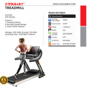 Coolbaby Mass 4HP Auto Incline Treadmill with Bluetooth Speaker – 150KG Capacity