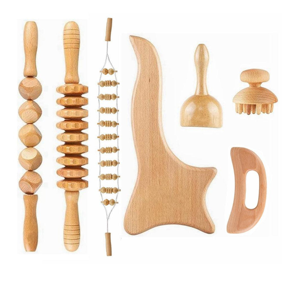 COOLBABY® SSZ-AM03 Beech Wood Therapy Massage Tools - Set of 7 for Body Sculpting, Lymphatic Drainage, and Muscle Pain Relief - CoolBabyMass